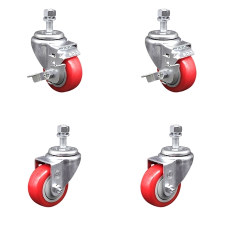 SERVICE CASTER 3.5 Inch SS Red Polyurethane Swivel 12mm Threaded Stem Caster Brakes, 2PK SSTS20S3514-PPUB-RED-TLB-M1215-2-S-2